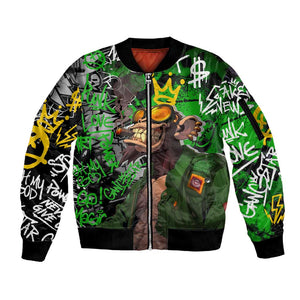 Graffiti Street Art Sleeve Zip Bomber Jacket Smoking Ape Character and Neon Crown Symbols - African Pride