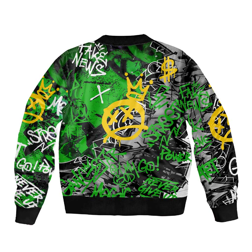 Graffiti Street Art Sleeve Zip Bomber Jacket Smoking Ape Character and Neon Crown Symbols - African Pride