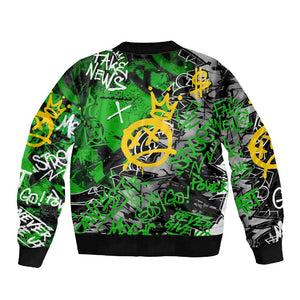 Graffiti Street Art Sleeve Zip Bomber Jacket Smoking Ape Character and Neon Crown Symbols - African Pride