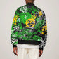 Graffiti Street Art Sleeve Zip Bomber Jacket Smoking Ape Character and Neon Crown Symbols - African Pride