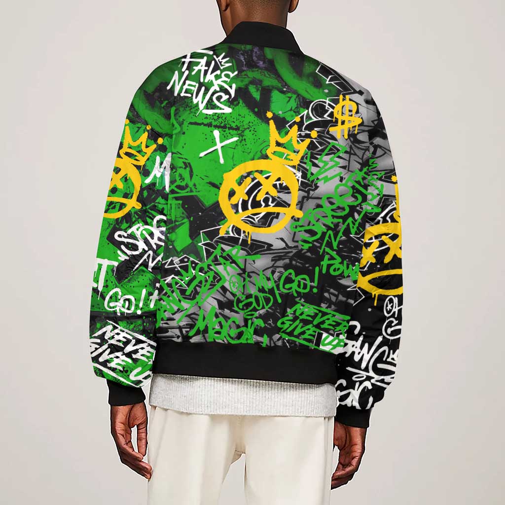 Graffiti Street Art Sleeve Zip Bomber Jacket Smoking Ape Character and Neon Crown Symbols - African Pride