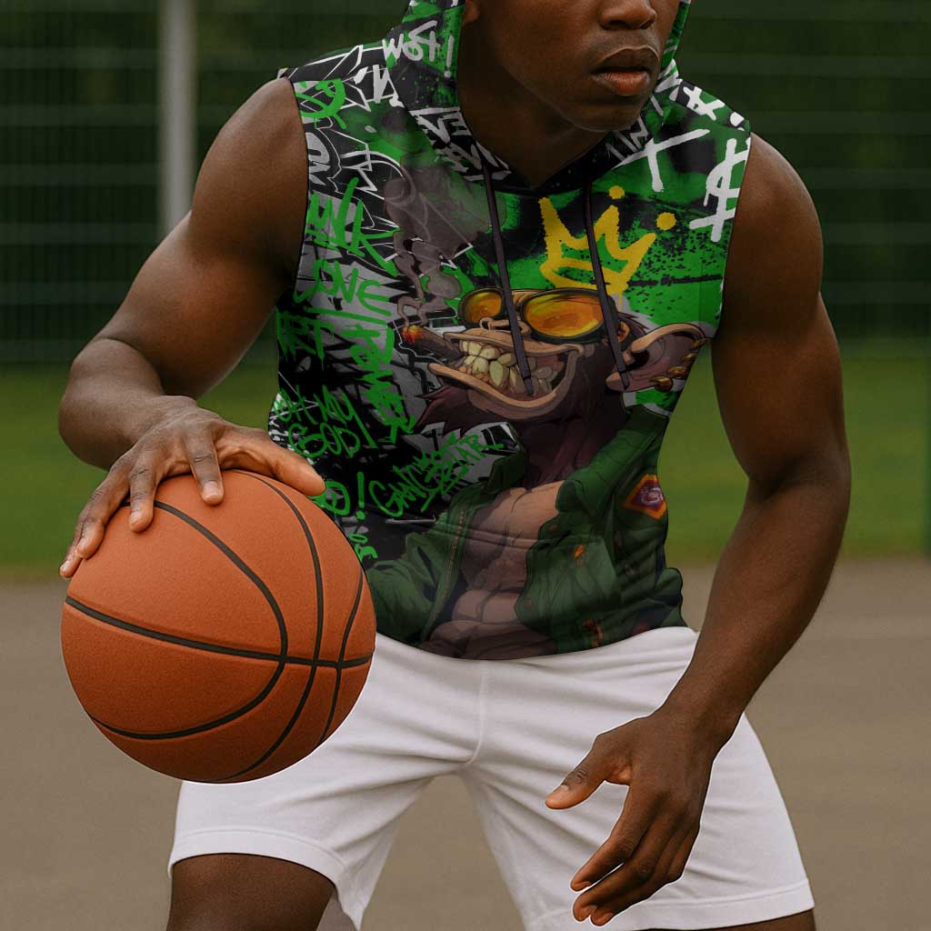 Graffiti Street Art Sleeveless Hoodie Smoking Ape Character and Neon Crown Symbols - African Pride