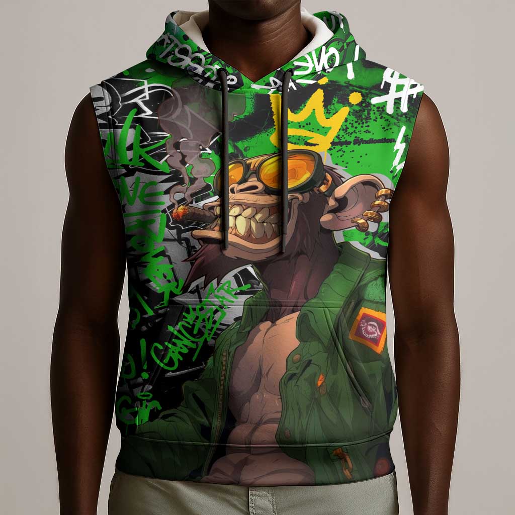 Graffiti Street Art Sleeveless Hoodie Smoking Ape Character and Neon Crown Symbols - African Pride