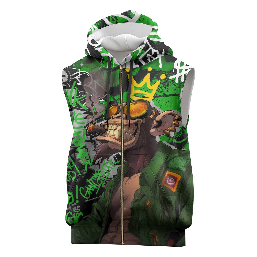 Graffiti Street Art Sleeveless Zip Hoodie Smoking Ape Character and Neon Crown Symbols - African Pride