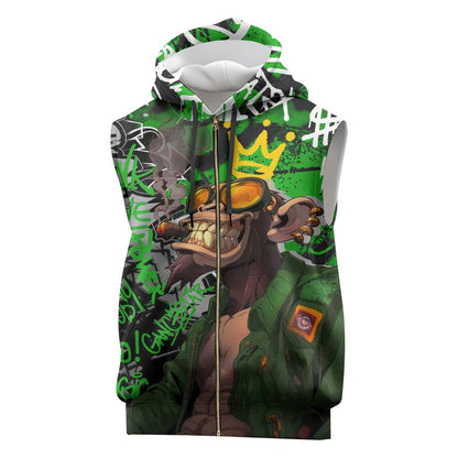 Graffiti Street Art Sleeveless Zip Hoodie Smoking Ape Character and Neon Crown Symbols - African Pride