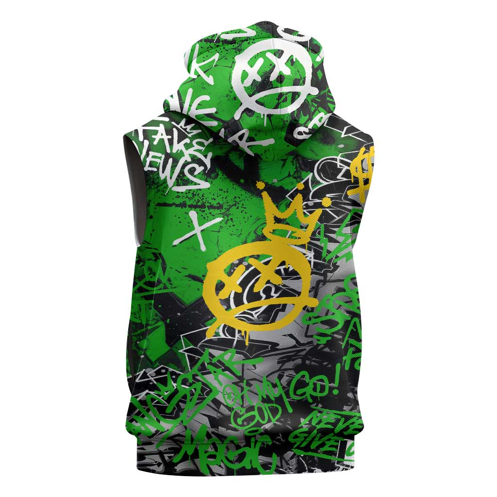 Graffiti Street Art Sleeveless Zip Hoodie Smoking Ape Character and Neon Crown Symbols - African Pride