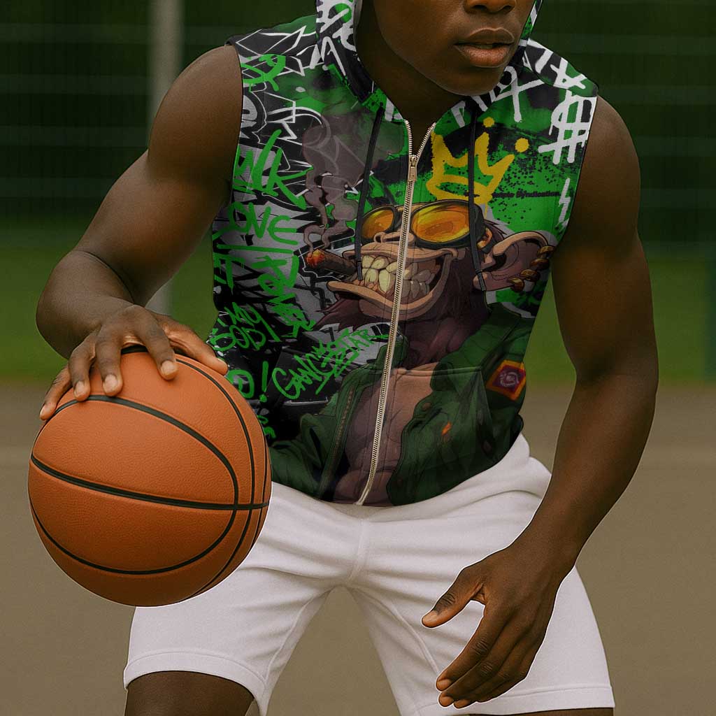 Graffiti Street Art Sleeveless Zip Hoodie Smoking Ape Character and Neon Crown Symbols - African Pride