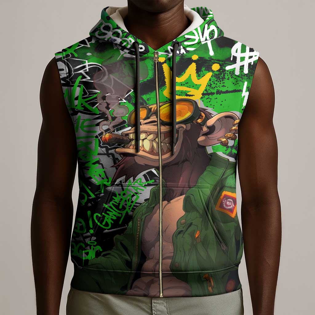 Graffiti Street Art Sleeveless Zip Hoodie Smoking Ape Character and Neon Crown Symbols - African Pride