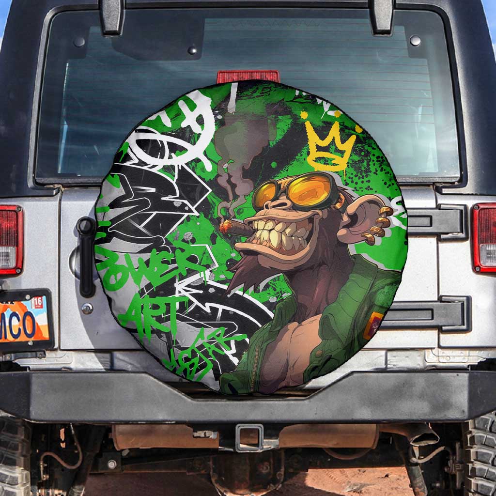 Graffiti Street Art Spare Tire Cover Smoking Ape Character and Neon Crown Symbols - African Pride