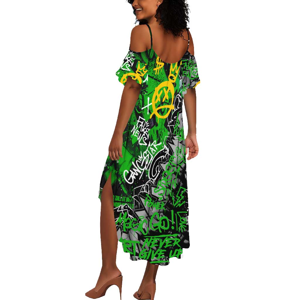 Graffiti Street Art Summer Maxi Dress Smoking Ape Character and Neon Crown Symbols - African Pride