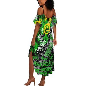 Graffiti Street Art Summer Maxi Dress Smoking Ape Character and Neon Crown Symbols - African Pride