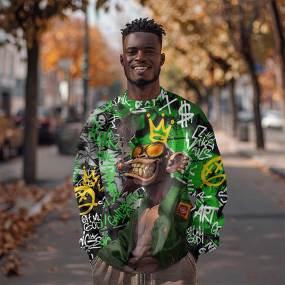 Graffiti Street Art Sweatshirt Smoking Ape Character and Neon Crown Symbols - African Pride