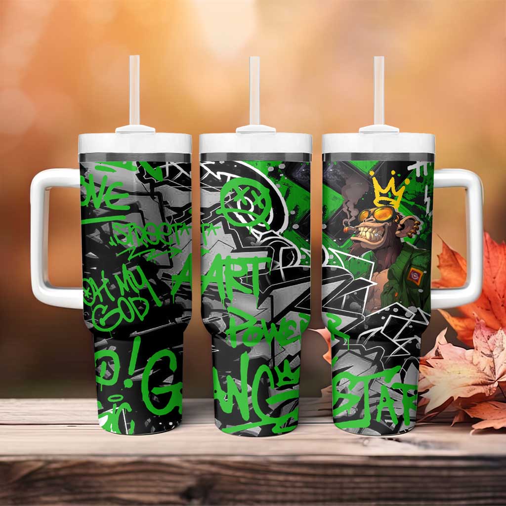 Graffiti Street Art Tumbler With Handle Smoking Ape Character and Neon Crown Symbols - African Pride