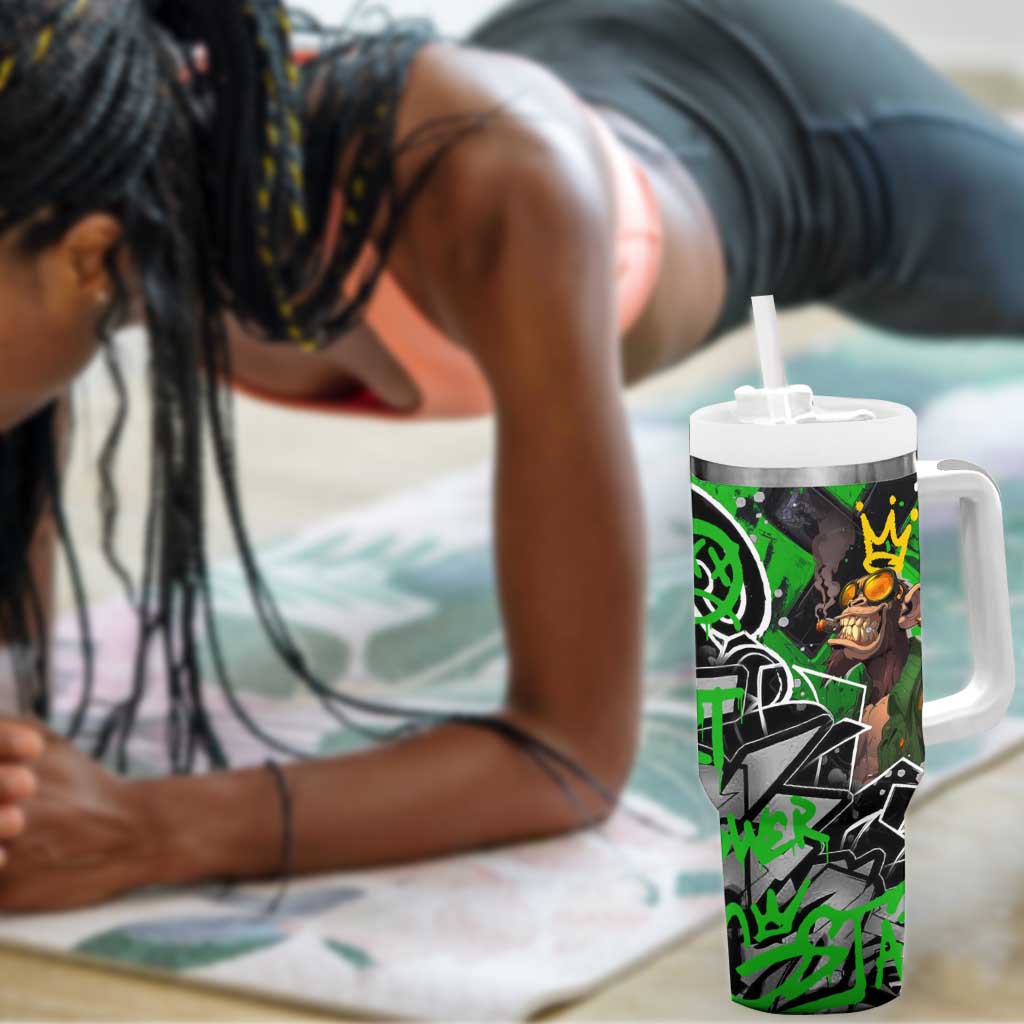 Graffiti Street Art Tumbler With Handle Smoking Ape Character and Neon Crown Symbols - African Pride
