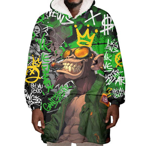Graffiti Street Art Wearable Blanket Hoodie Smoking Ape Character and Neon Crown Symbols - African Pride