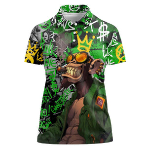 Graffiti Street Art Women Polo Shirt Smoking Ape Character and Neon Crown Symbols - African Pride