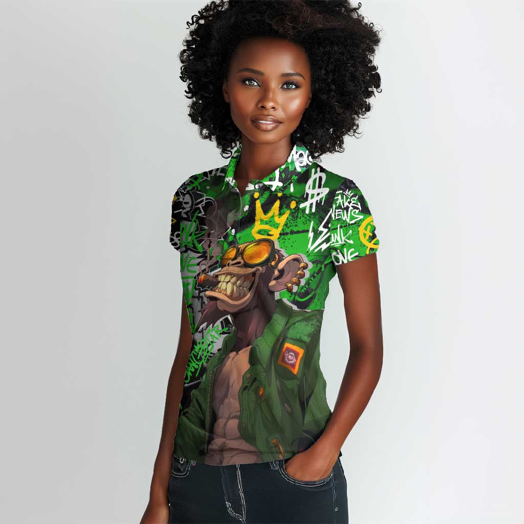 Graffiti Street Art Women Polo Shirt Smoking Ape Character and Neon Crown Symbols - African Pride