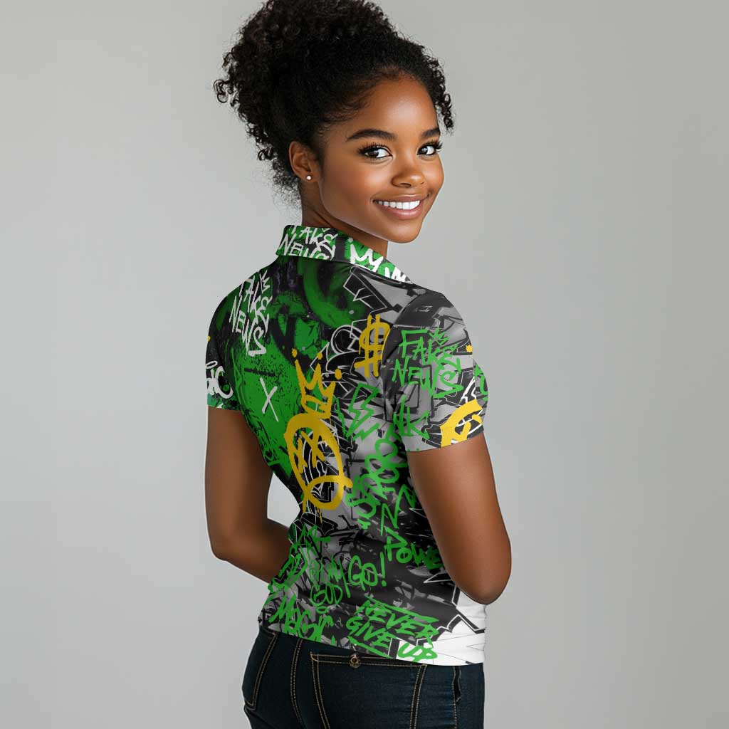 Graffiti Street Art Women Polo Shirt Smoking Ape Character and Neon Crown Symbols - African Pride
