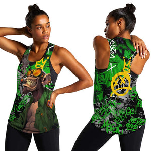 Graffiti Street Art Women Racerback Tank Smoking Ape Character and Neon Crown Symbols - African Pride