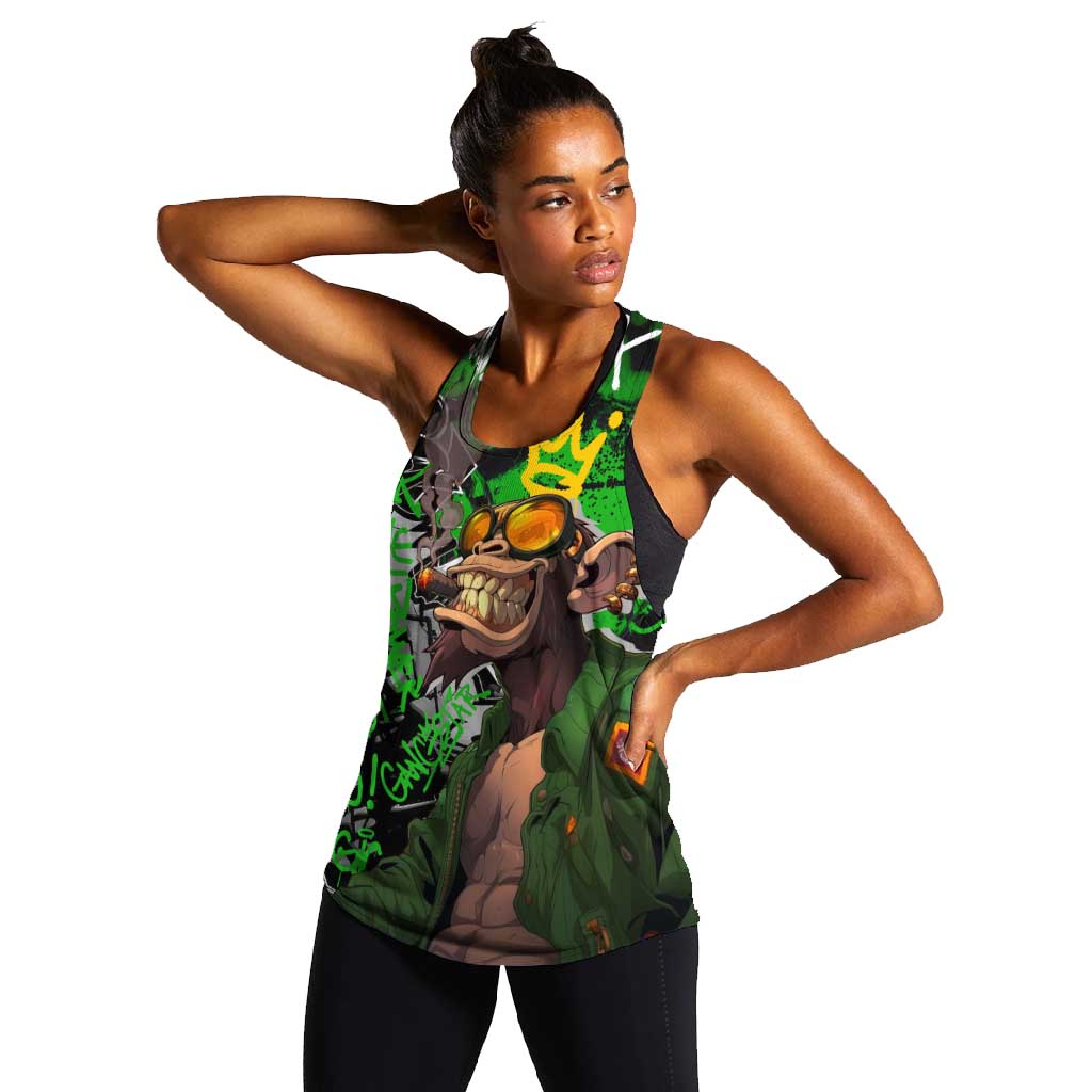 Graffiti Street Art Women Racerback Tank Smoking Ape Character and Neon Crown Symbols - African Pride