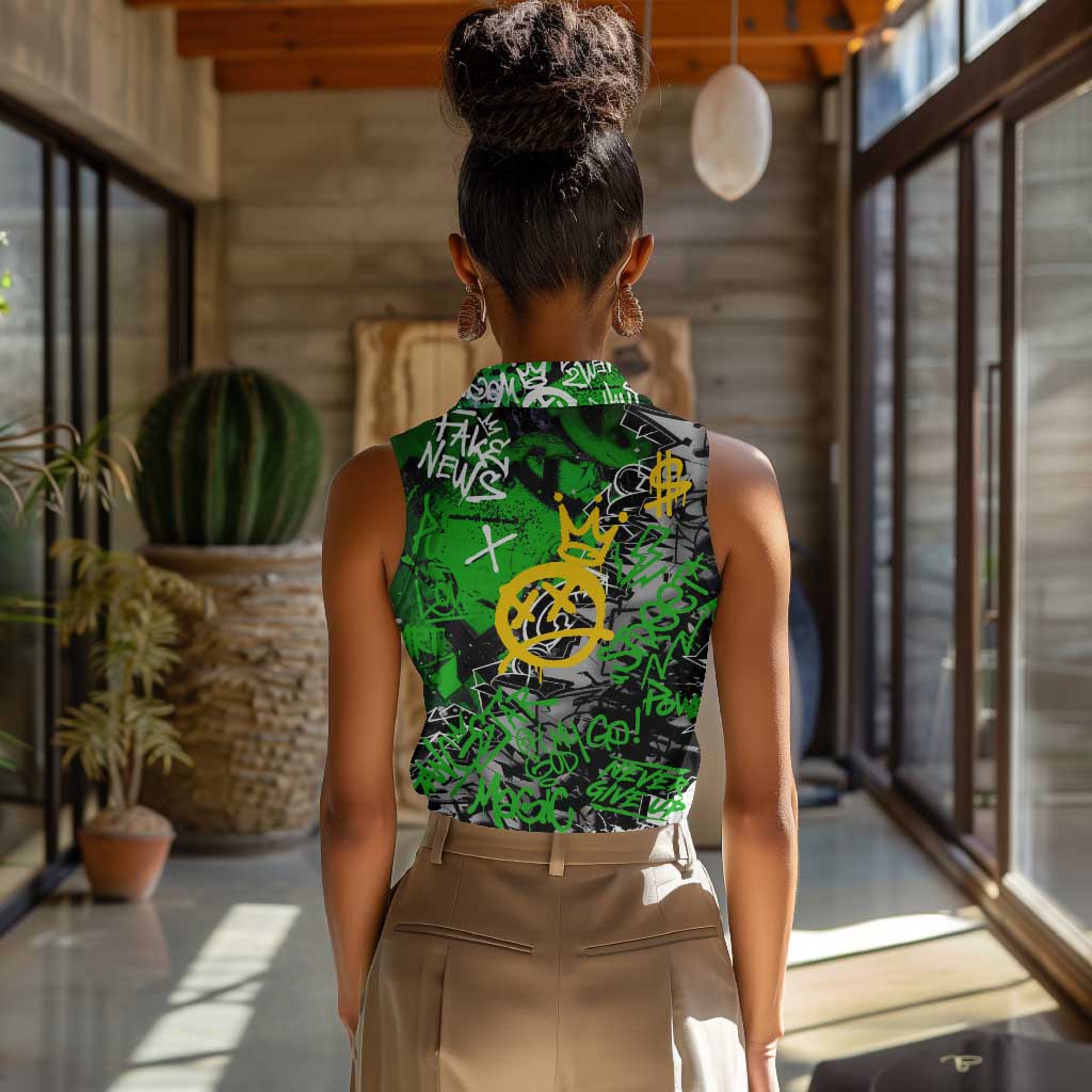 Graffiti Street Art Women Sleeveless Polo Shirt Smoking Ape Character and Neon Crown Symbols - African Pride