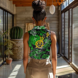 Graffiti Street Art Women Sleeveless Polo Shirt Smoking Ape Character and Neon Crown Symbols - African Pride