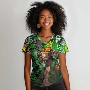Graffiti Street Art Women V-Neck T-Shirt Smoking Ape Character and Neon Crown Symbols - African Pride