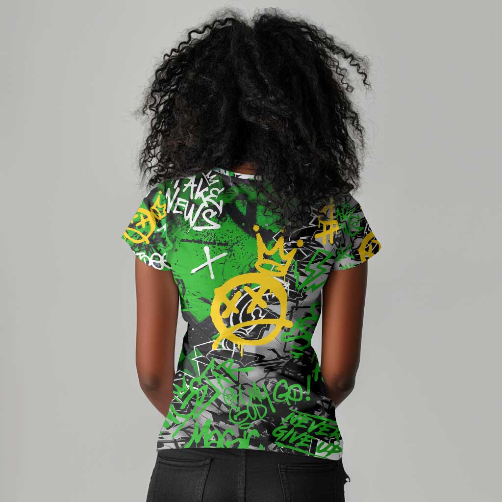 Graffiti Street Art Women V-Neck T-Shirt Smoking Ape Character and Neon Crown Symbols - African Pride