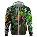 Graffiti Street Art Zip Hoodie Smoking Ape Character and Neon Crown Symbols - African Pride