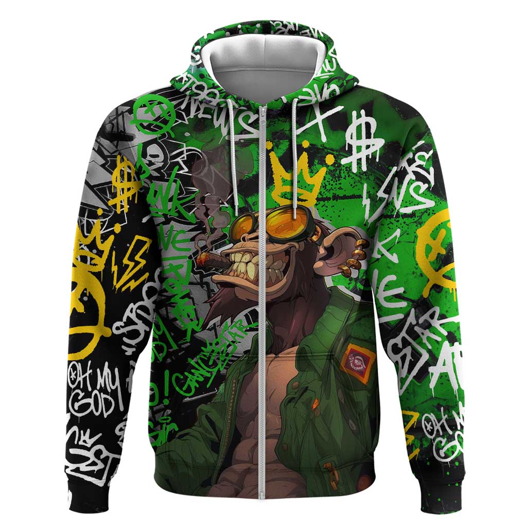Graffiti Street Art Zip Hoodie Smoking Ape Character and Neon Crown Symbols - African Pride
