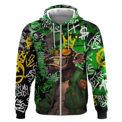 Graffiti Street Art Zip Hoodie Smoking Ape Character and Neon Crown Symbols - African Pride