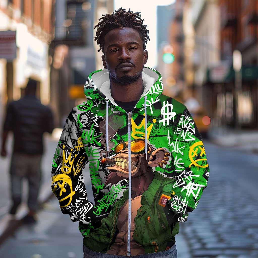 Graffiti Street Art Zip Hoodie Smoking Ape Character and Neon Crown Symbols - African Pride