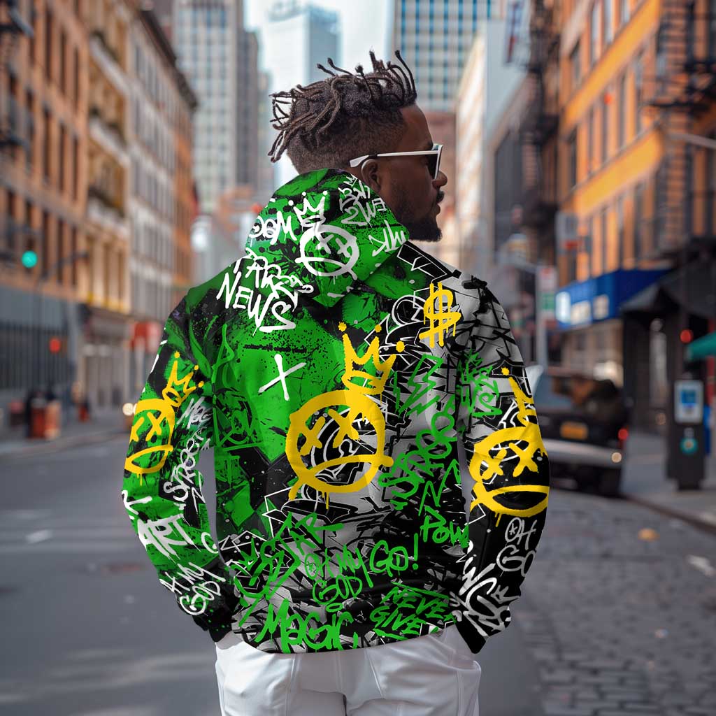 Graffiti Street Art Zip Hoodie Smoking Ape Character and Neon Crown Symbols - African Pride
