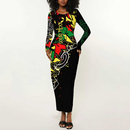 Lion King Africa Graffiti Long Sleeve Bodycon Dress Bold Text and Neon Colors - African Pride