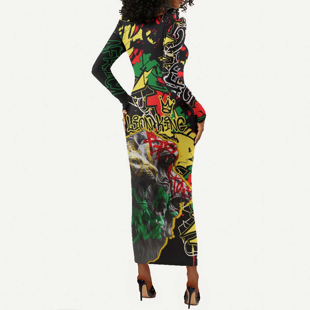 Lion King Africa Graffiti Long Sleeve Bodycon Dress Bold Text and Neon Colors - African Pride
