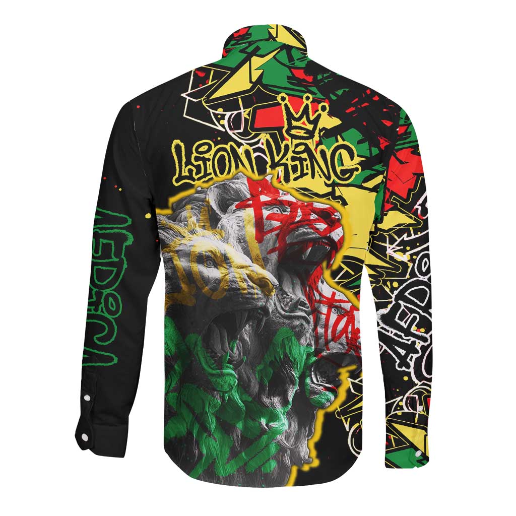 Lion King Africa Graffiti Long Sleeve Button Shirt Bold Text and Neon Colors - African Pride