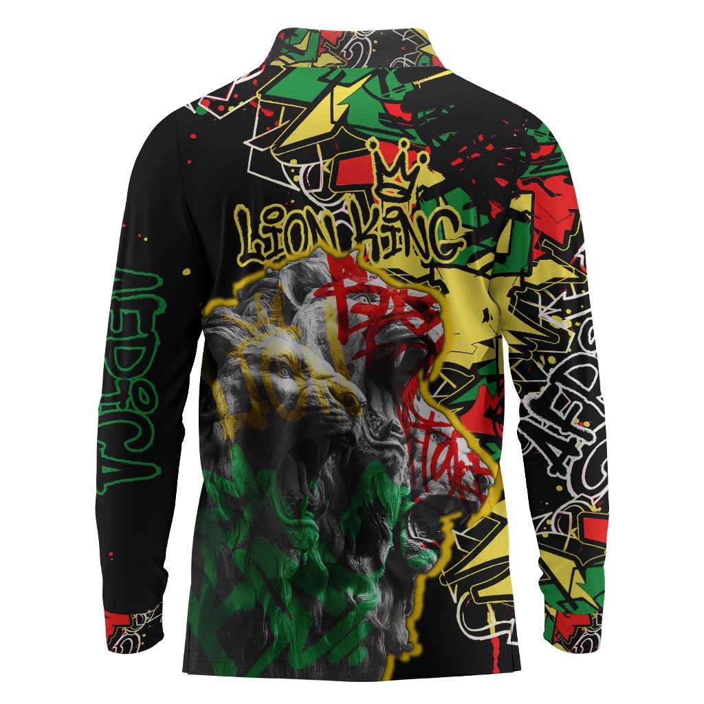 Lion King Africa Graffiti Long Sleeve Polo Shirt Bold Text and Neon Colors - African Pride