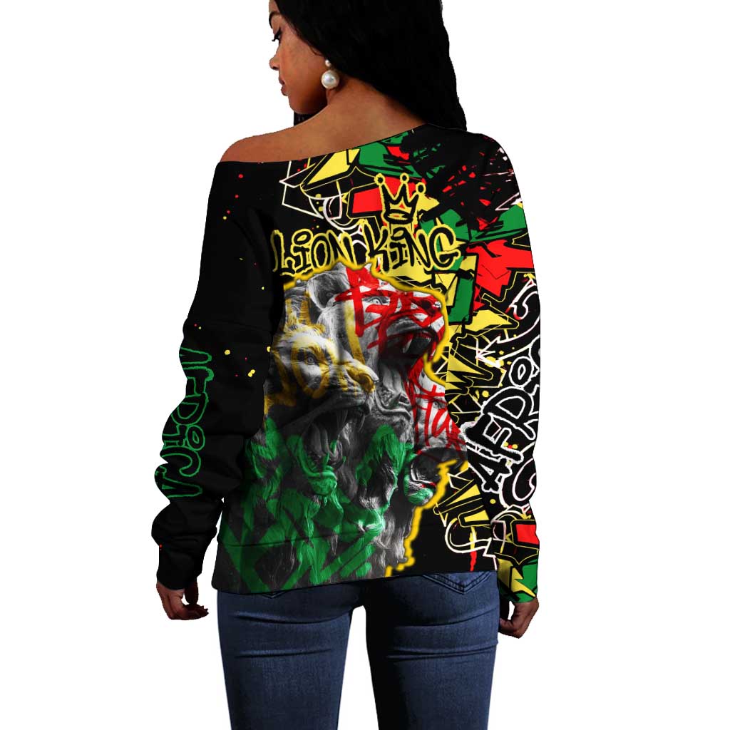 Lion King Africa Graffiti Off Shoulder Sweater Bold Text and Neon Colors - African Pride