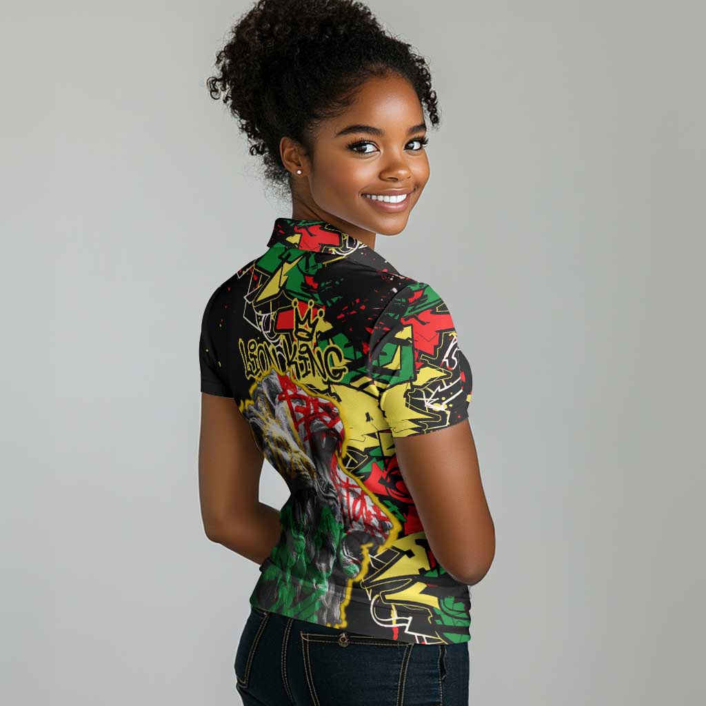 Lion King Africa Graffiti Women Polo Shirt Bold Text and Neon Colors - African Pride