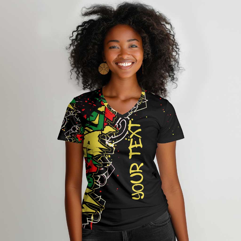 Lion King Africa Graffiti Women V-Neck T-Shirt Bold Text and Neon Colors - African Pride