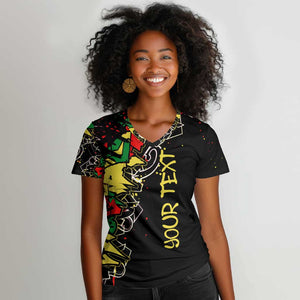 Lion King Africa Graffiti Women V-Neck T-Shirt Bold Text and Neon Colors - African Pride
