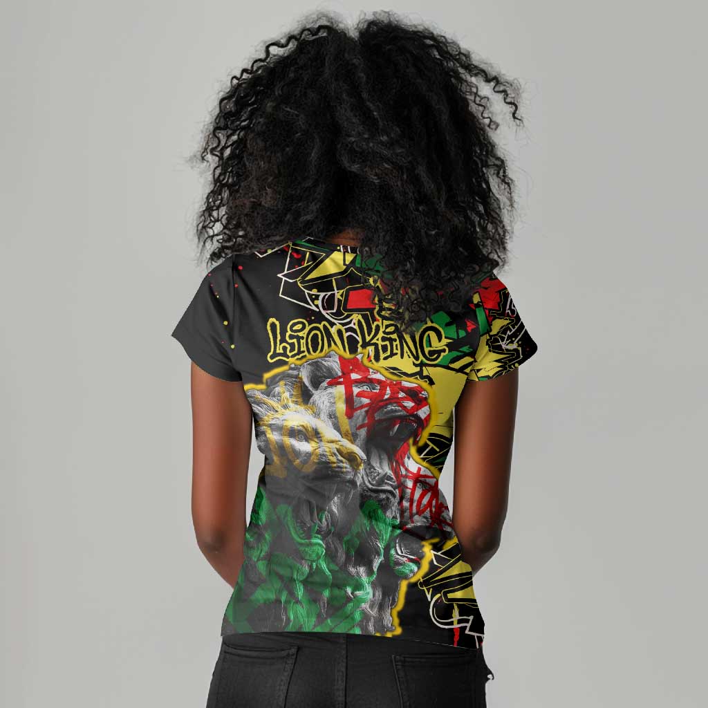 Lion King Africa Graffiti Women V-Neck T-Shirt Bold Text and Neon Colors - African Pride