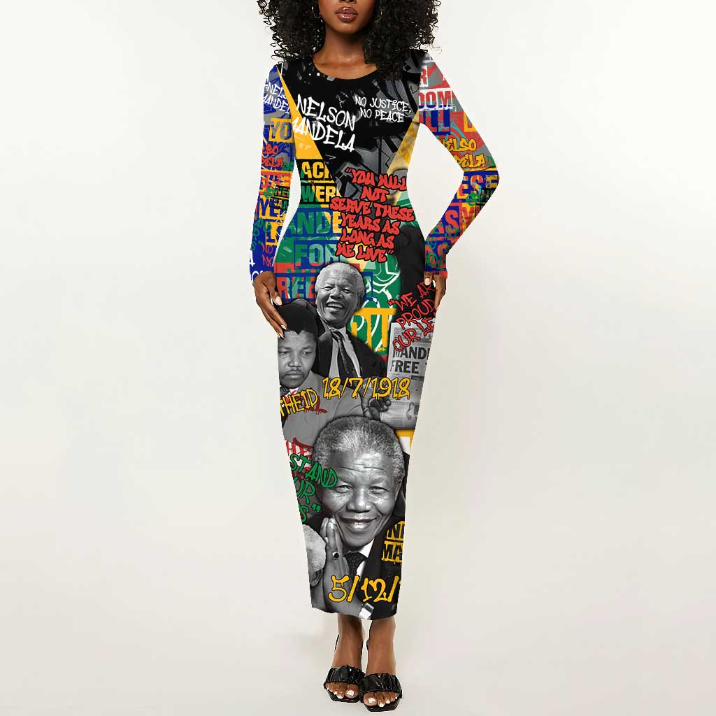 Nelson Mandela Graffiti Long Sleeve Bodycon Dress Street Spray Art Recreating The Life Of A Great Man - African Pride