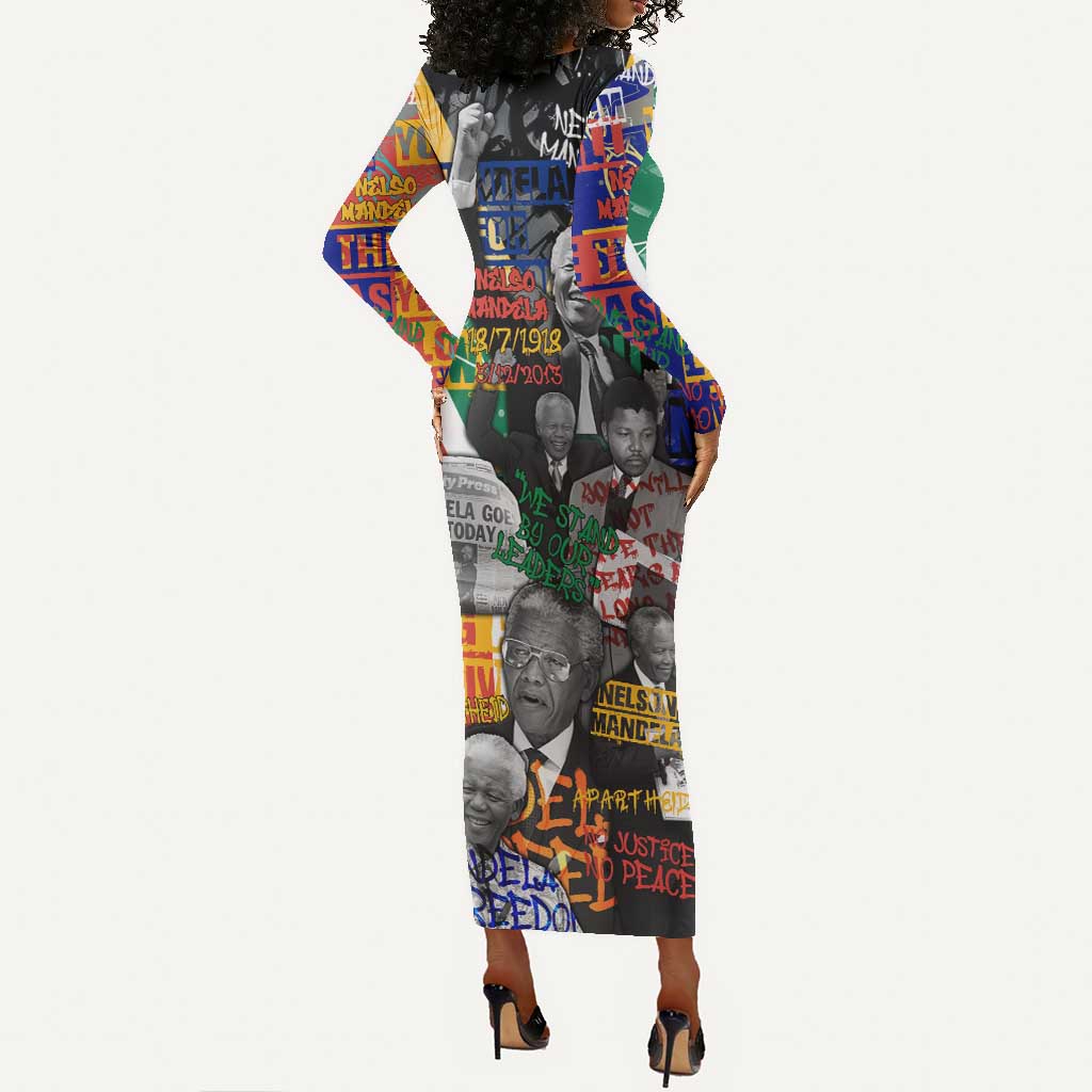 Nelson Mandela Graffiti Long Sleeve Bodycon Dress Street Spray Art Recreating The Life Of A Great Man - African Pride