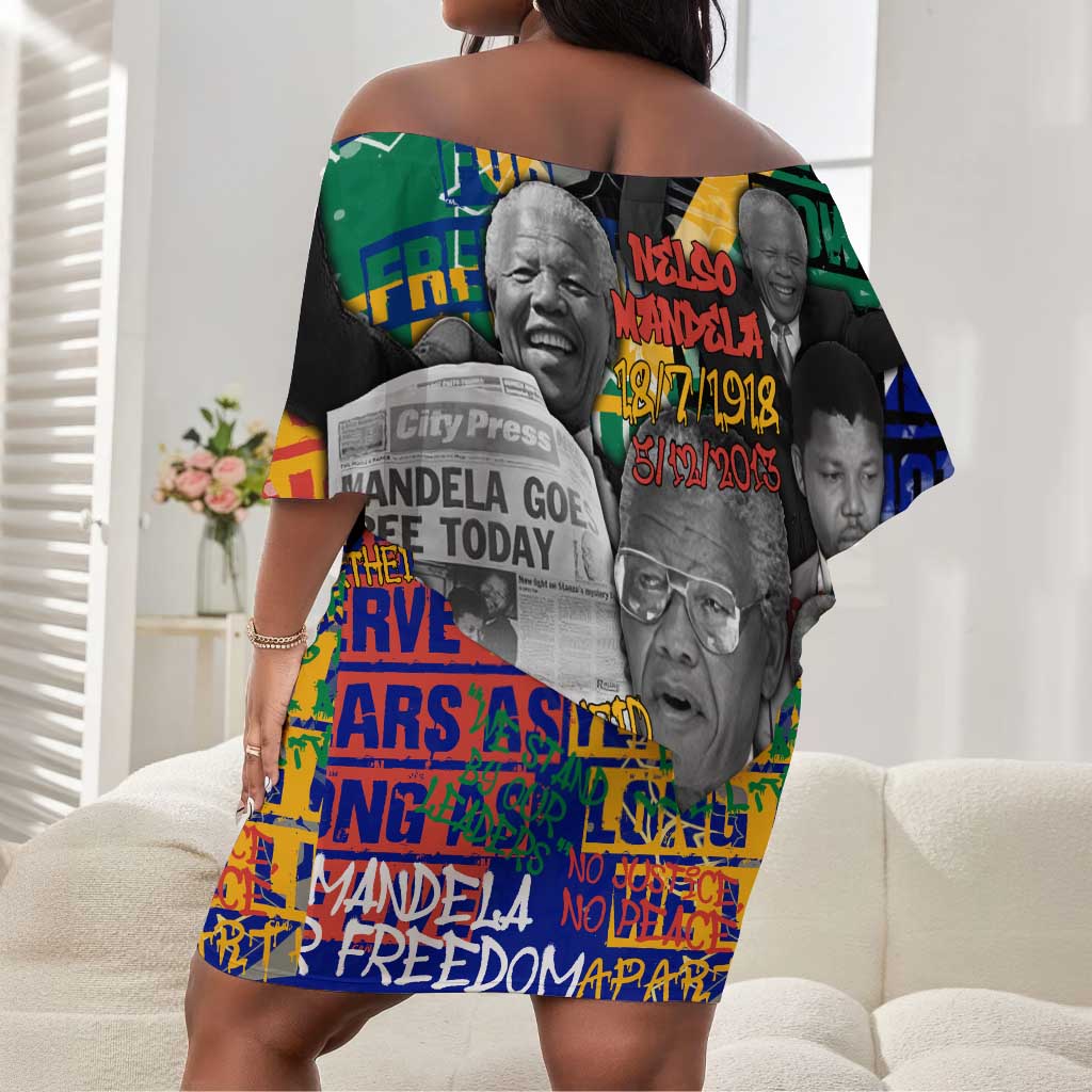 Nelson Mandela Graffiti Off Shoulder Short Dress Street Spray Art Recreating The Life Of A Great Man - African Pride