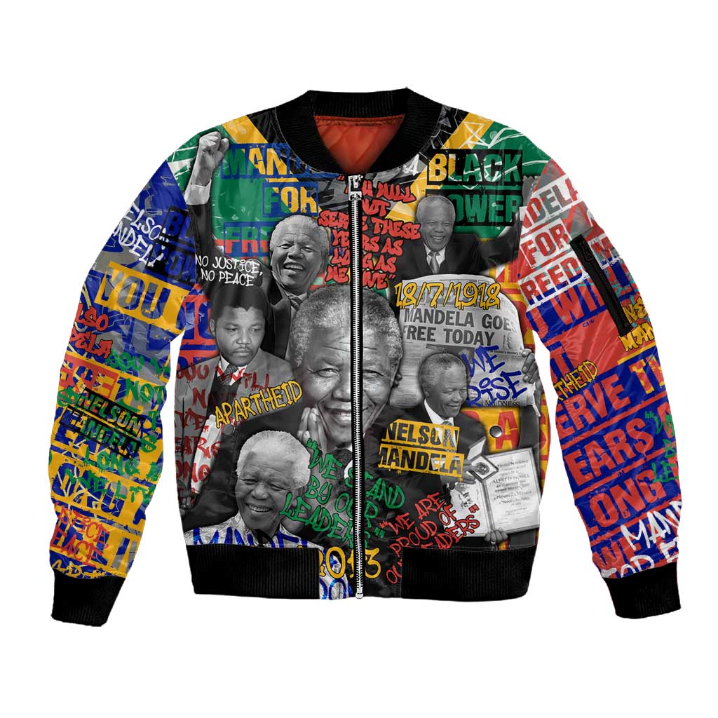 Nelson Mandela Graffiti Sleeve Zip Bomber Jacket Street Spray Art Recreating The Life Of A Great Man - African Pride
