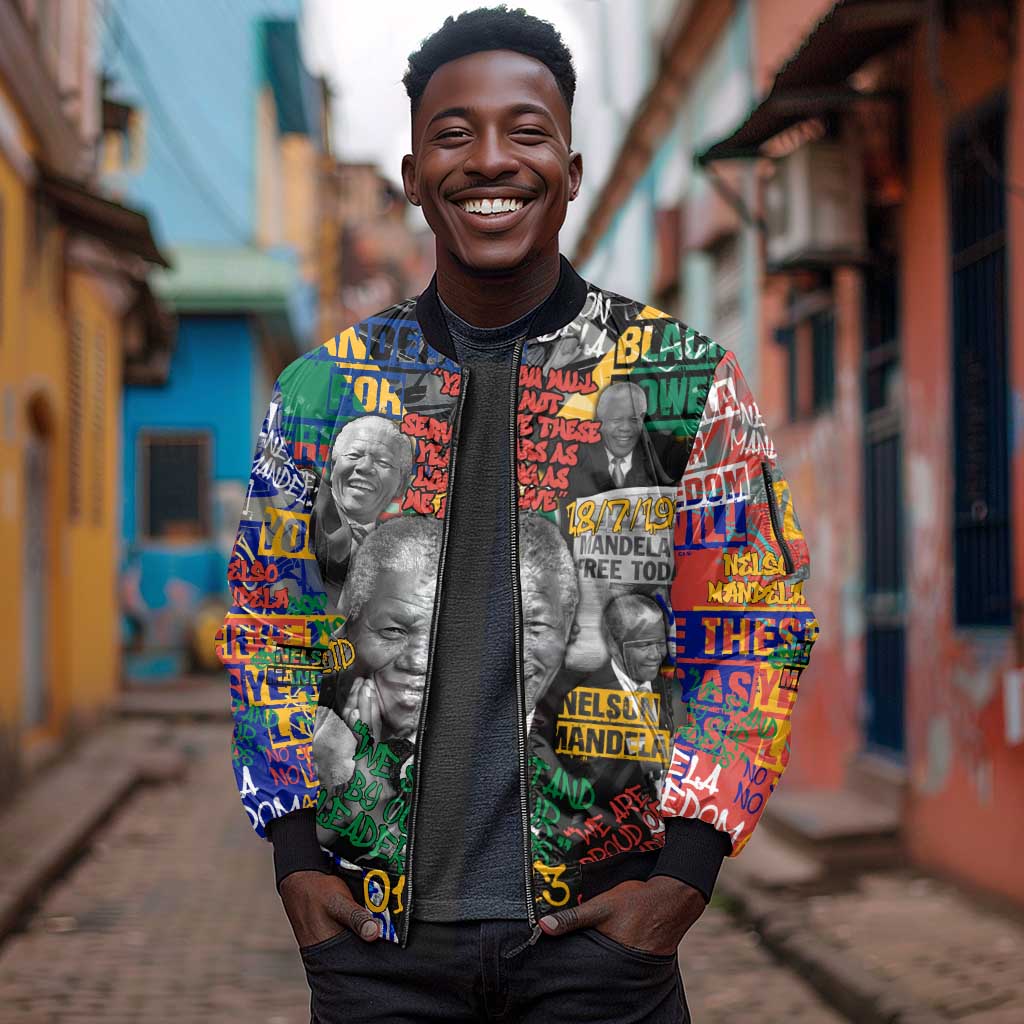 Nelson Mandela Graffiti Sleeve Zip Bomber Jacket Street Spray Art Recreating The Life Of A Great Man - African Pride