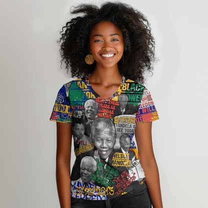 Nelson Mandela Graffiti Women V-Neck T-Shirt Street Spray Art Recreating The Life Of A Great Man - African Pride