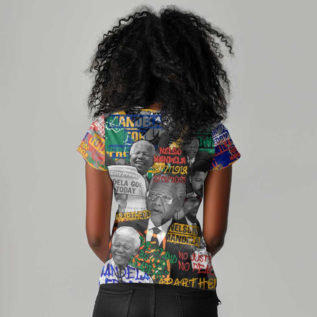 Nelson Mandela Graffiti Women V-Neck T-Shirt Street Spray Art Recreating The Life Of A Great Man - African Pride