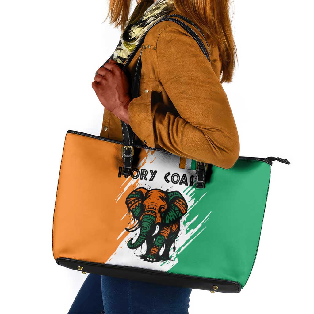 Ivory Coast Leather Tote Bag African Elephant in Ivorian Flag Colors - African Pride